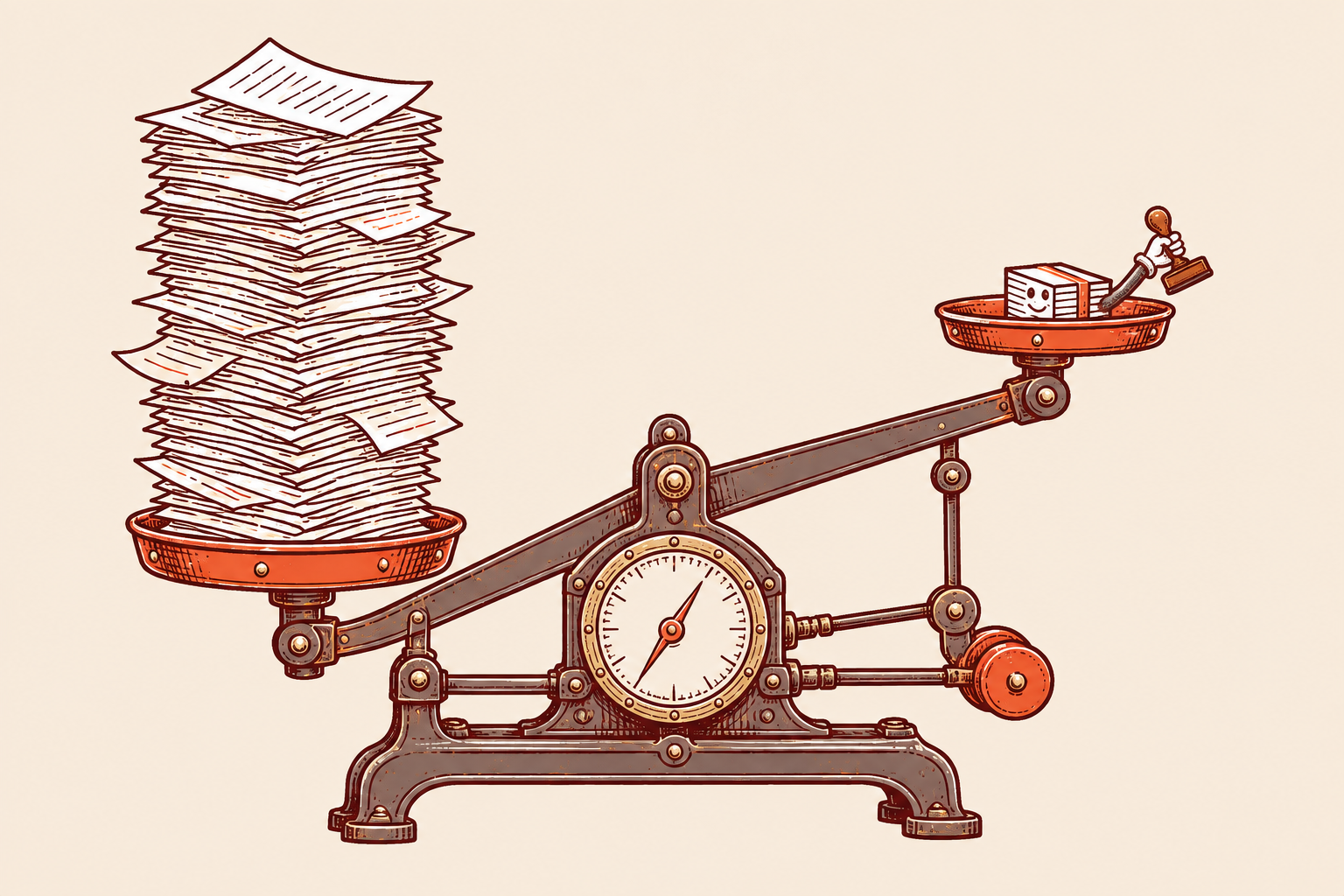 An industrial balance weighs a tall paper stack against a smiling compact document holding a proof stamp